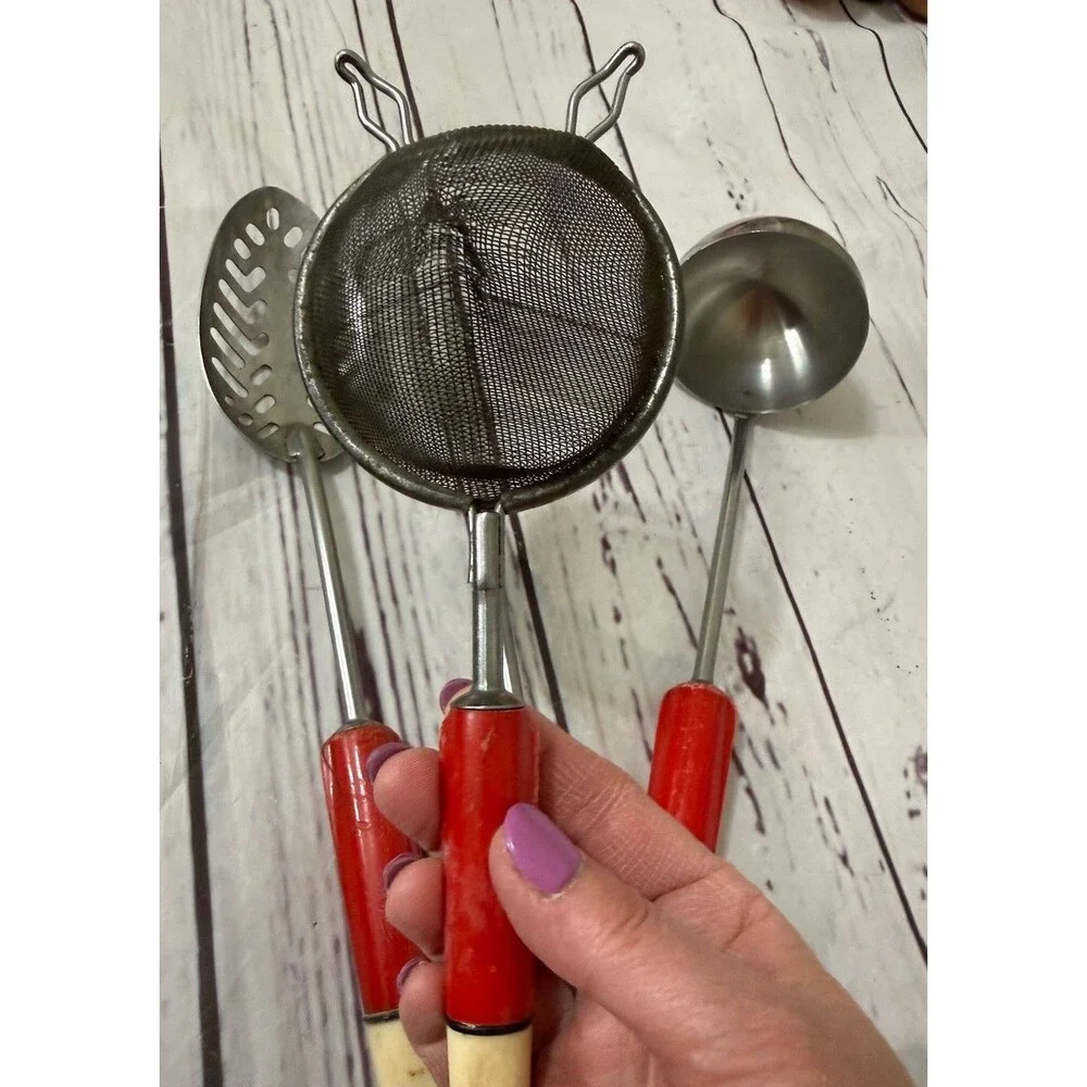 Vintage lot of 4 Kitchen Utensil Red Handle Strainer Ladle Spoon Meat Fork